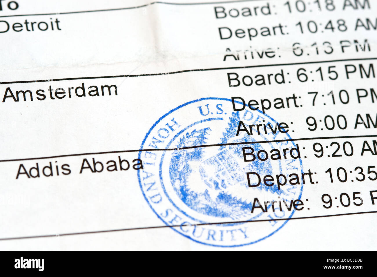 Airline boarding pass with public seal of Homeland Security Stock Photo