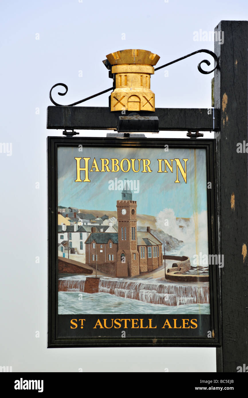PORTHLEVEN, CORNWALL, UK - JUNE 09, 2009:  Hanging sign for Harbour Inn Stock Photo