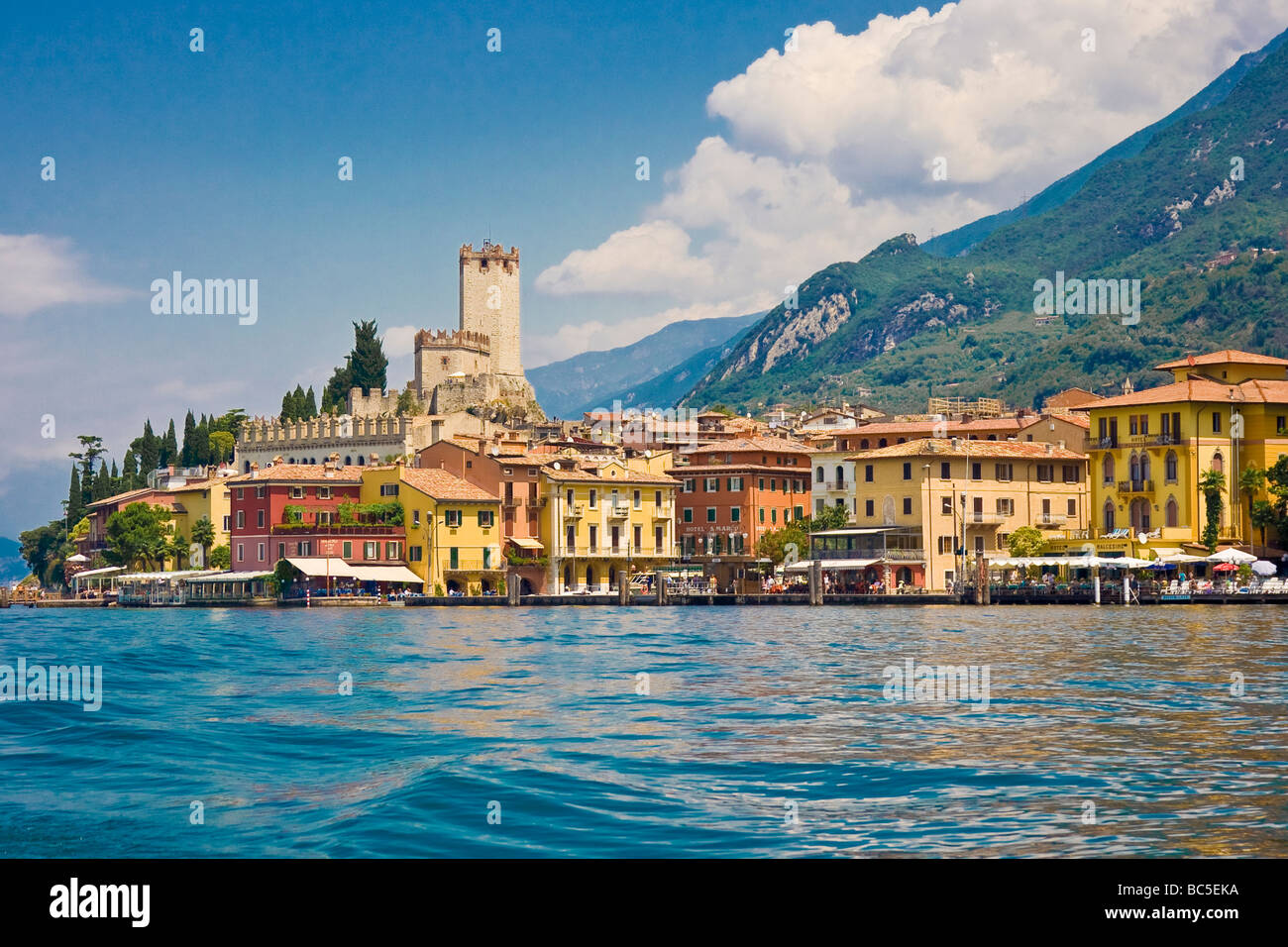 Malcesine, viewed from the Lake. A pretty town on the eastern shore of Lake Garda, one of the Great Italian Lakes. Stock Photo