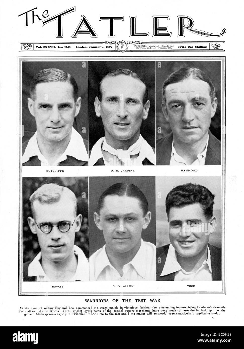 Bodyline Test Warriors 1933 magazine spread on the finest England cricketers in the infamous bodyline Ashes series Stock Photo