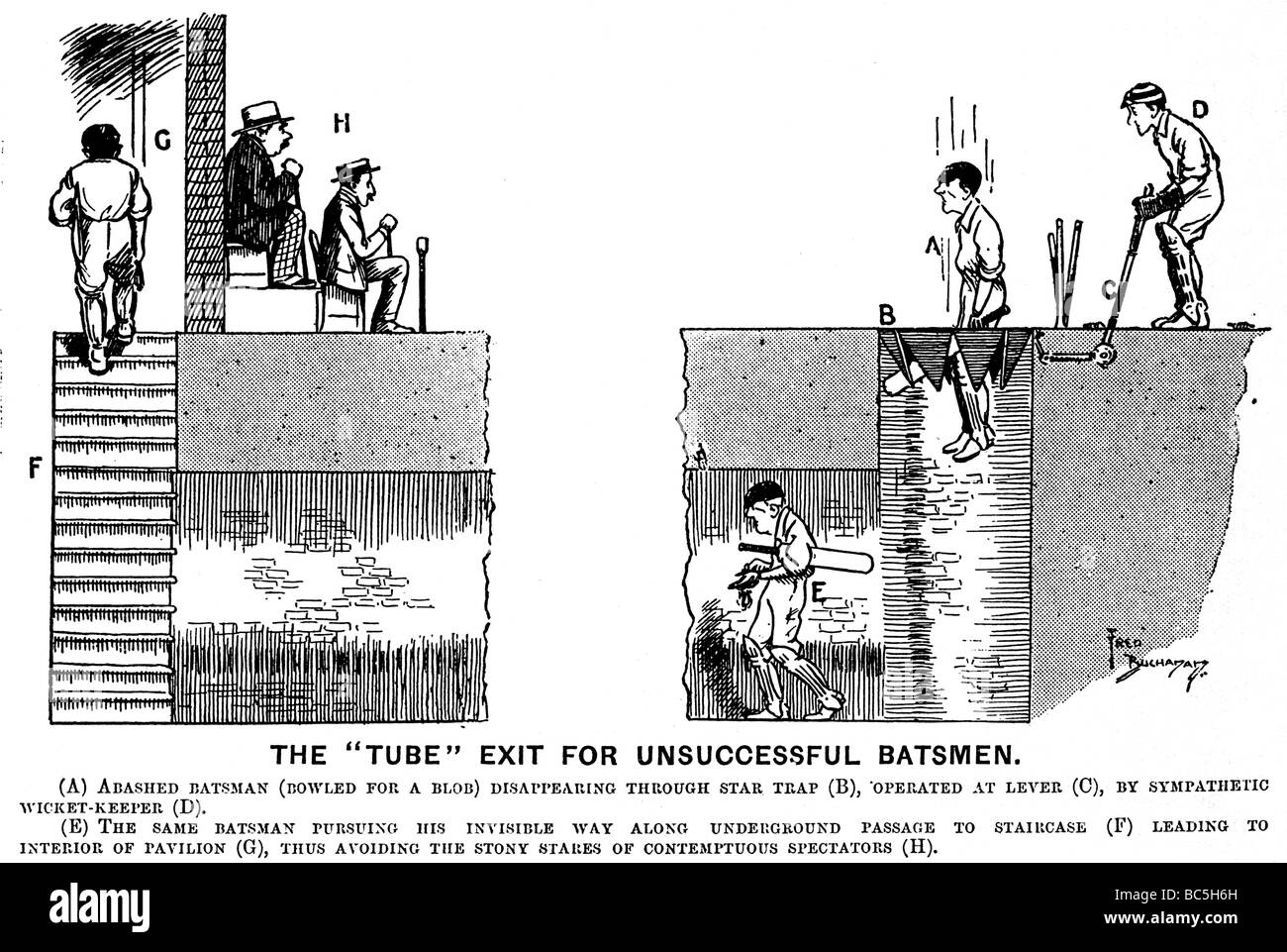 Tube Exit For Unsuccessful Batsmen Edwardian cartoon suggesting how to avoid the stony stares of contemptuous spectators Stock Photo