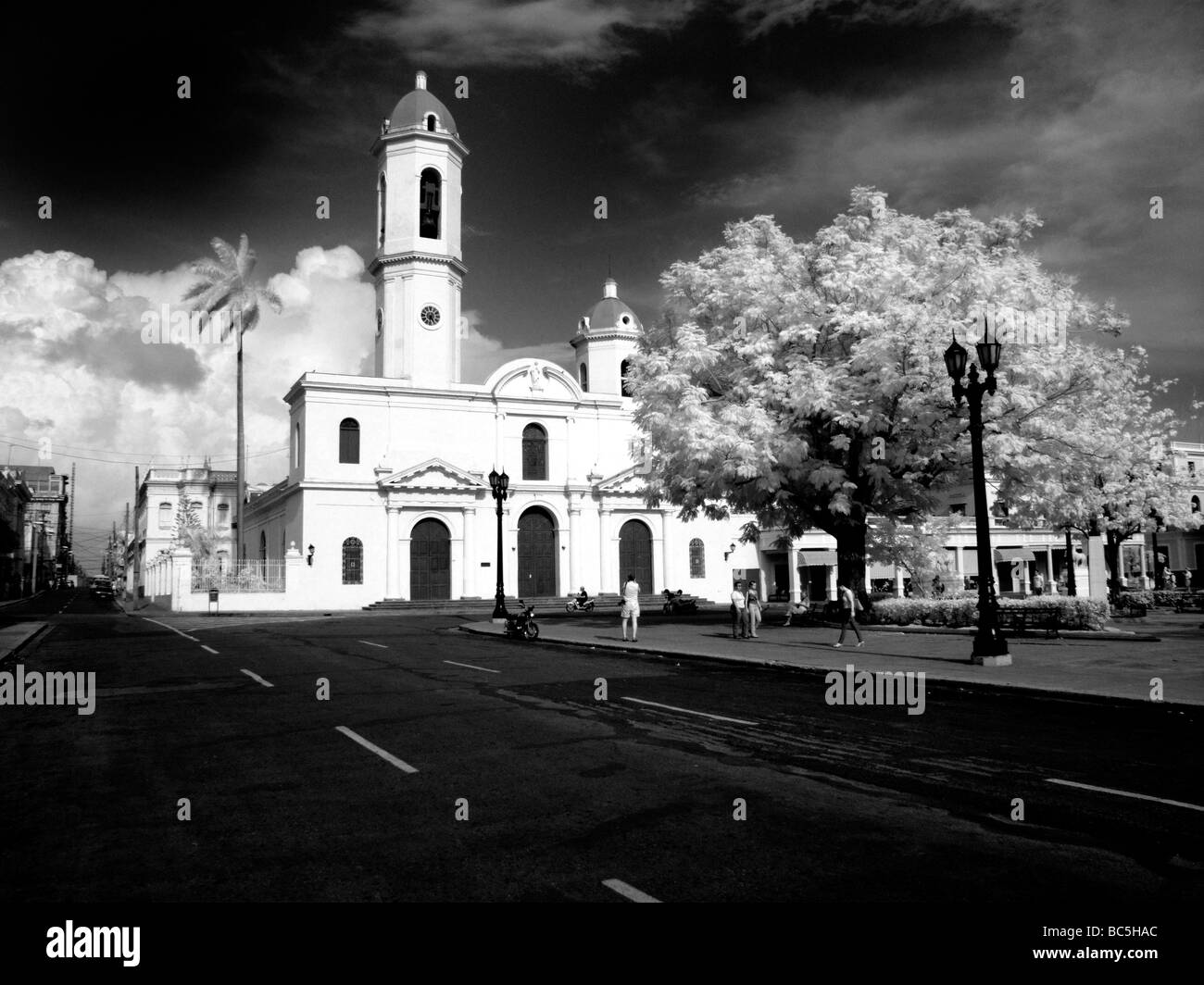 Infra Red of Cathedral in Cienfuegos Cuba called the Immaculate Conception Cathedral in center square of village Stock Photo