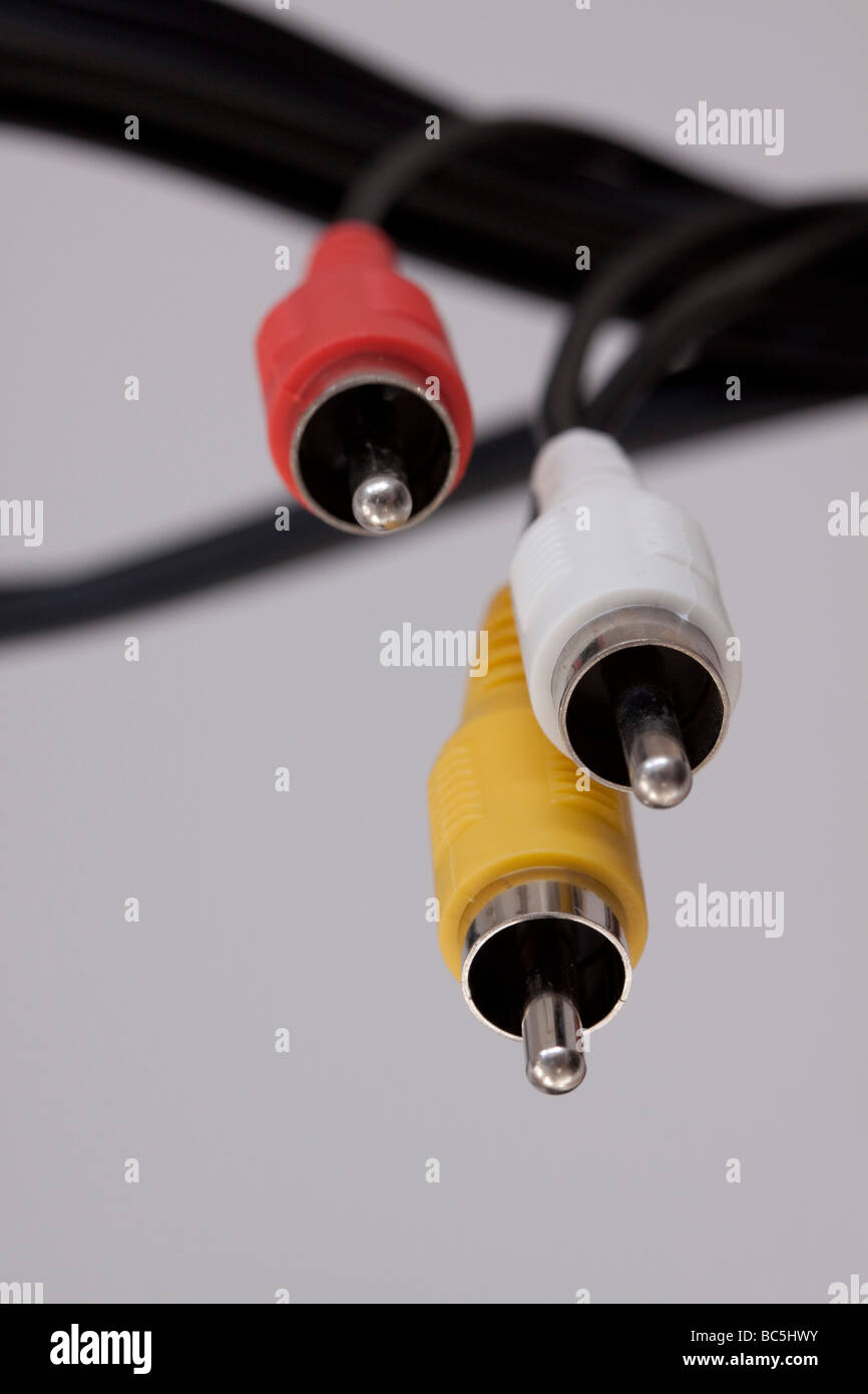 RCA connectors on cable red white yellow Stock Photo Alamy