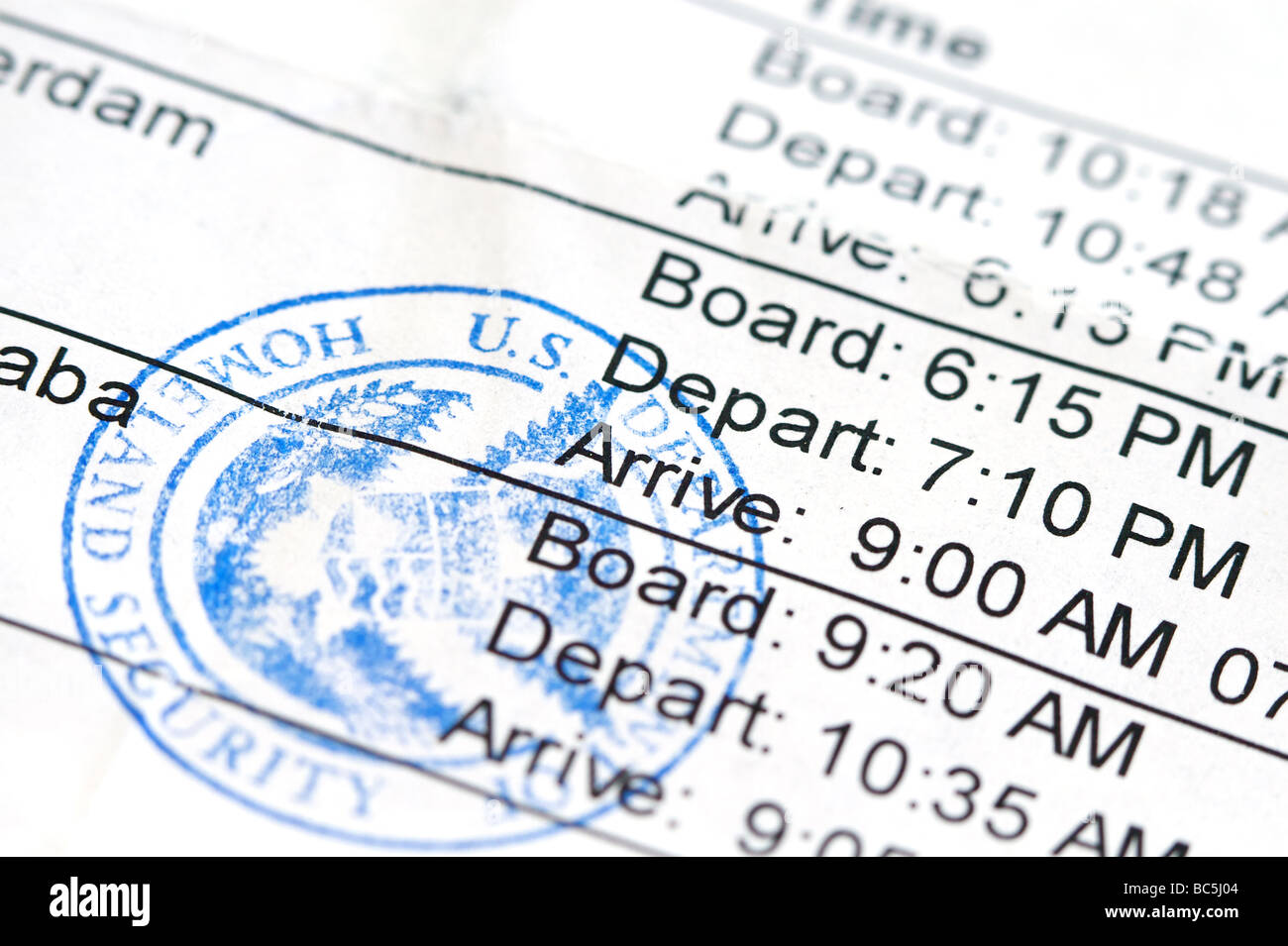 Airline boarding pass with public seal of Homeland Security Stock Photo