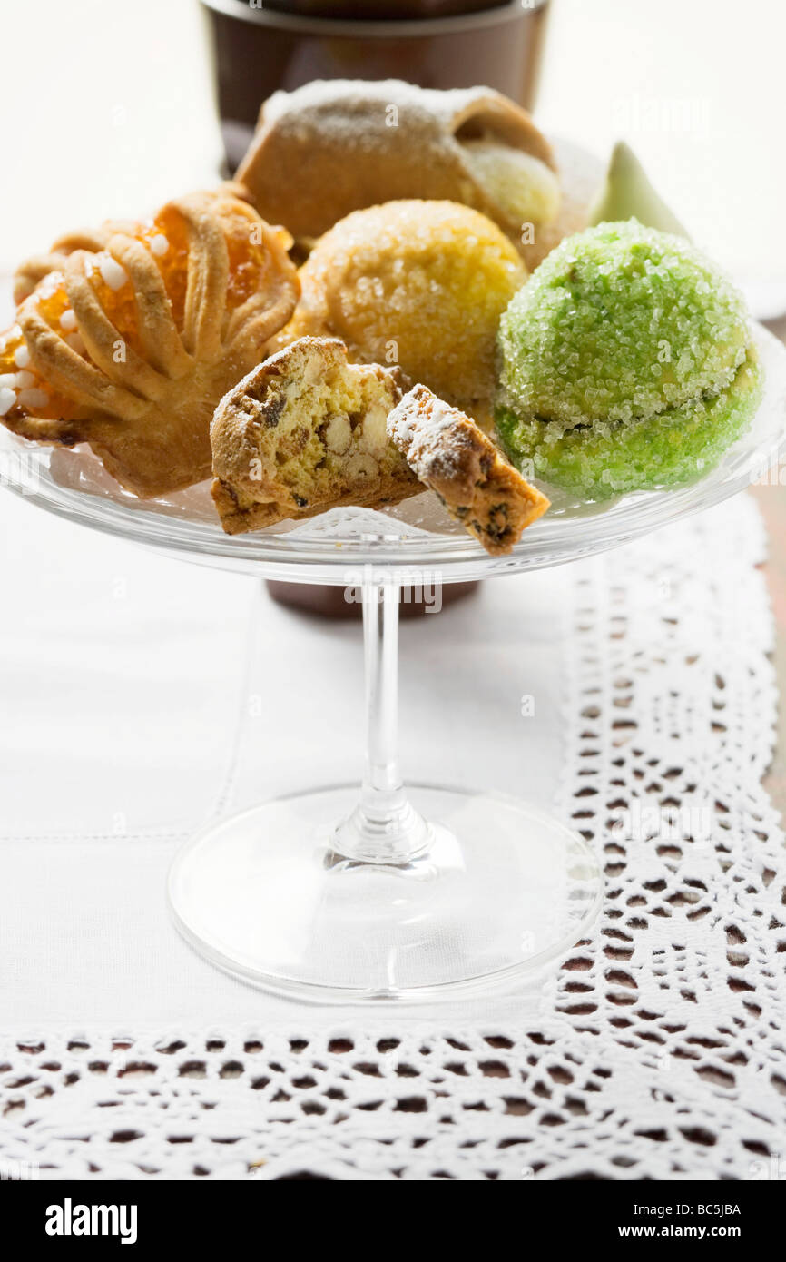Small pastries (jam pastries, cantucci, pistachio balls) - Stock Photo
