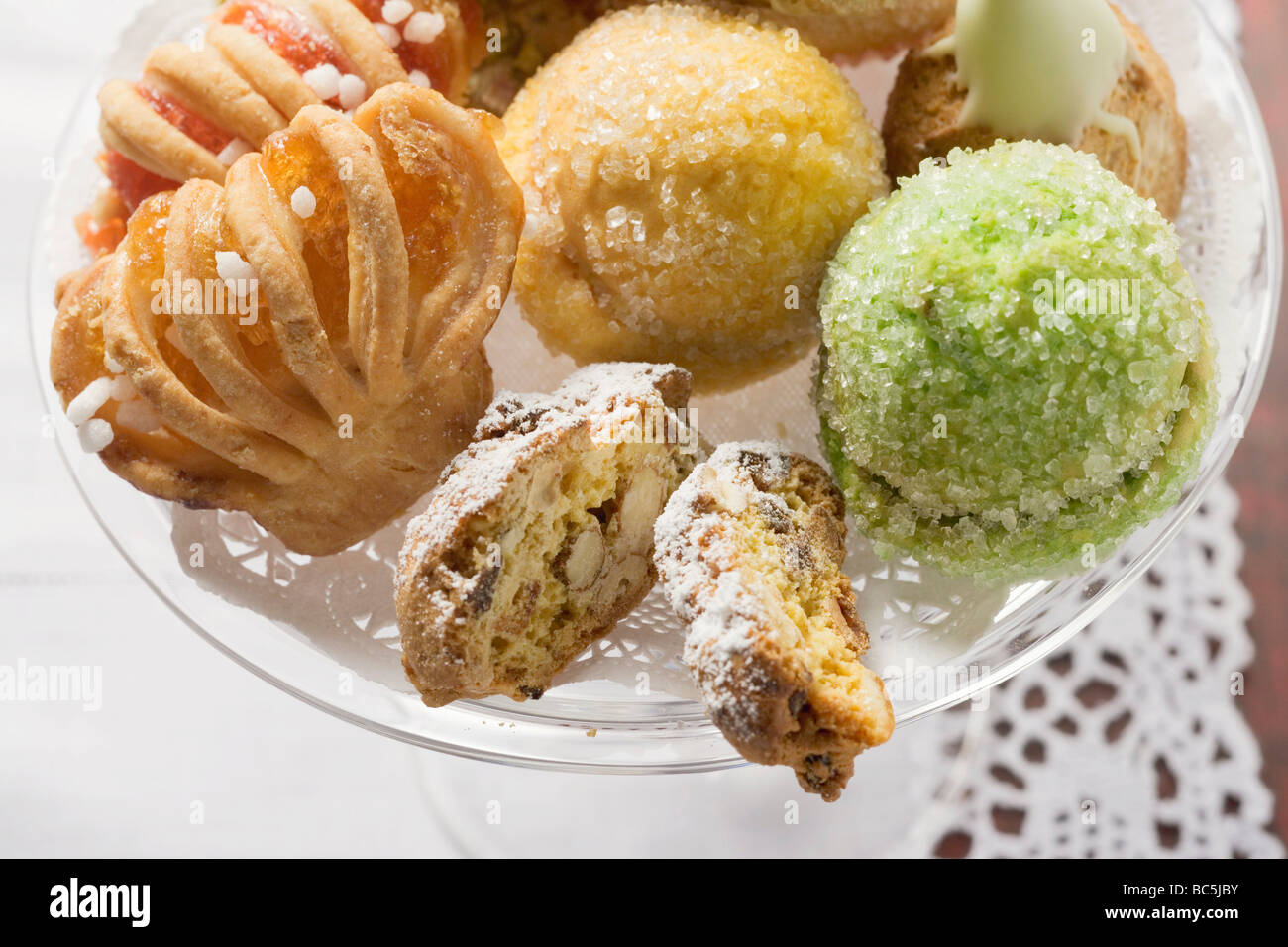 Assorted small pastries (with jam, nuts & pistachios) - Stock Photo