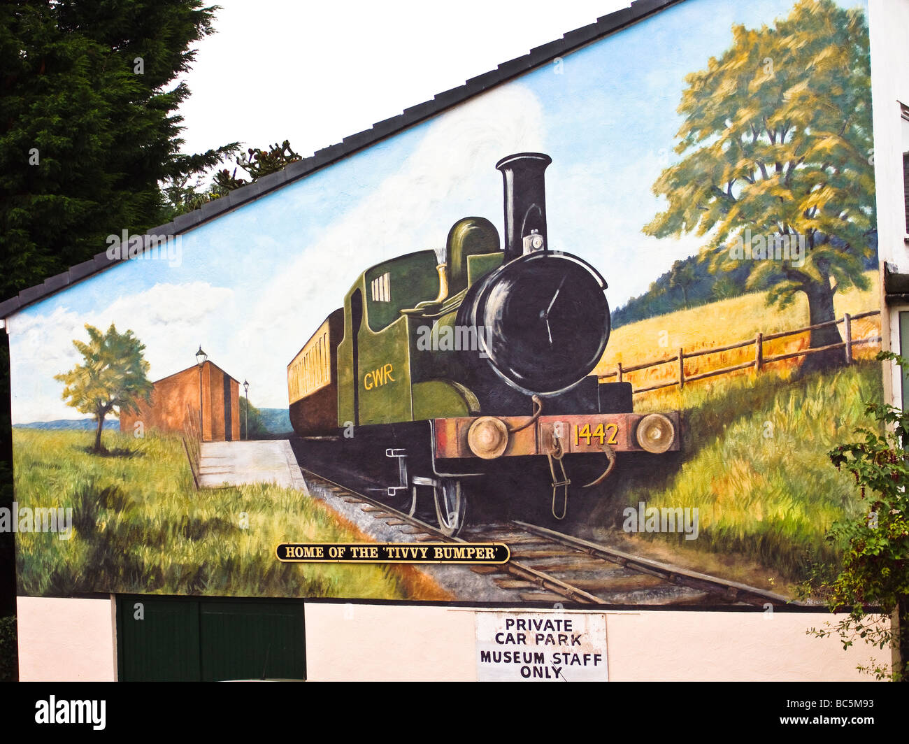 Tivvy Bumper railway engine mural outside Tiverton Museum UK Stock Photo