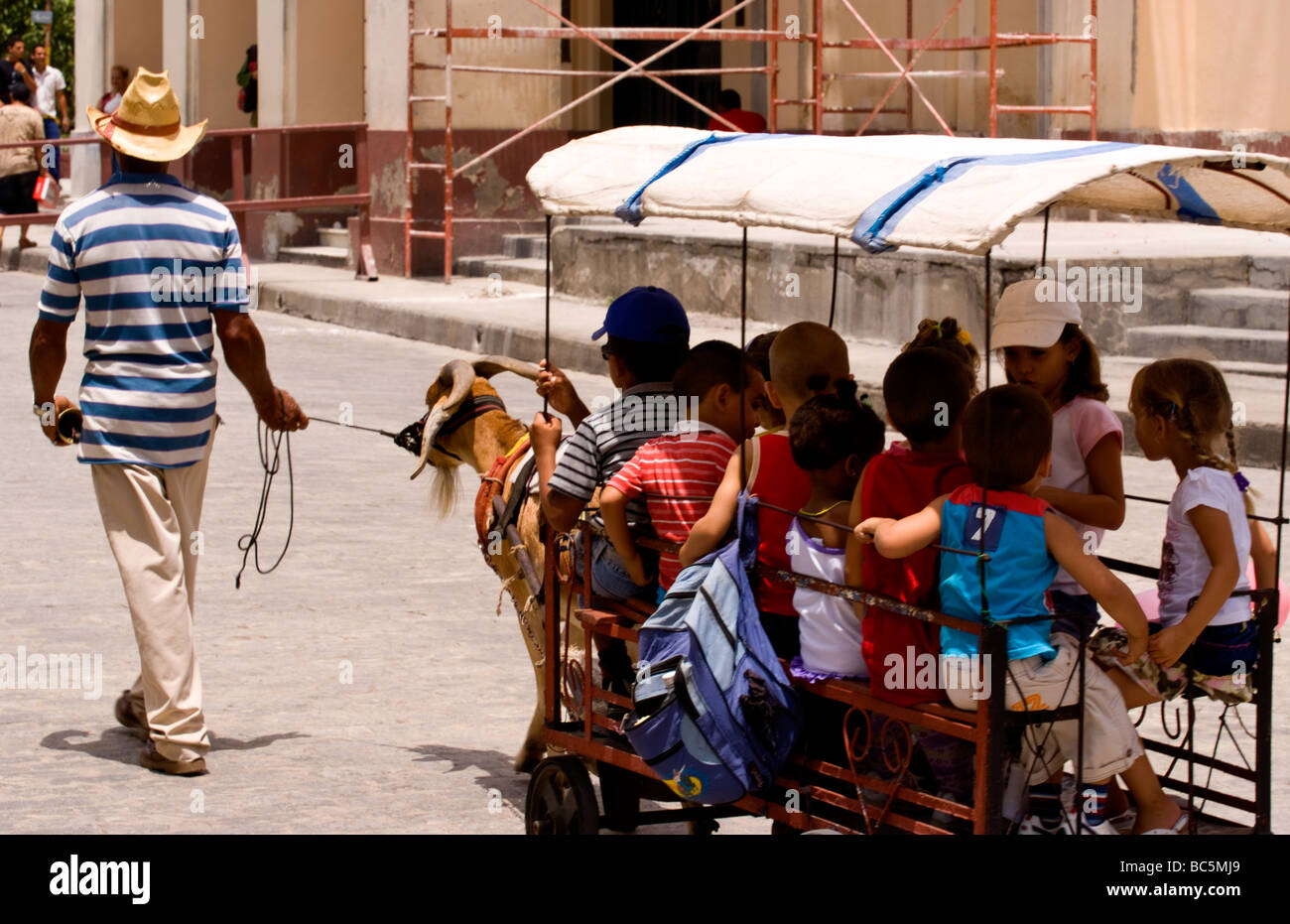 Local children celebrating with goat carriage ride in town square in ...