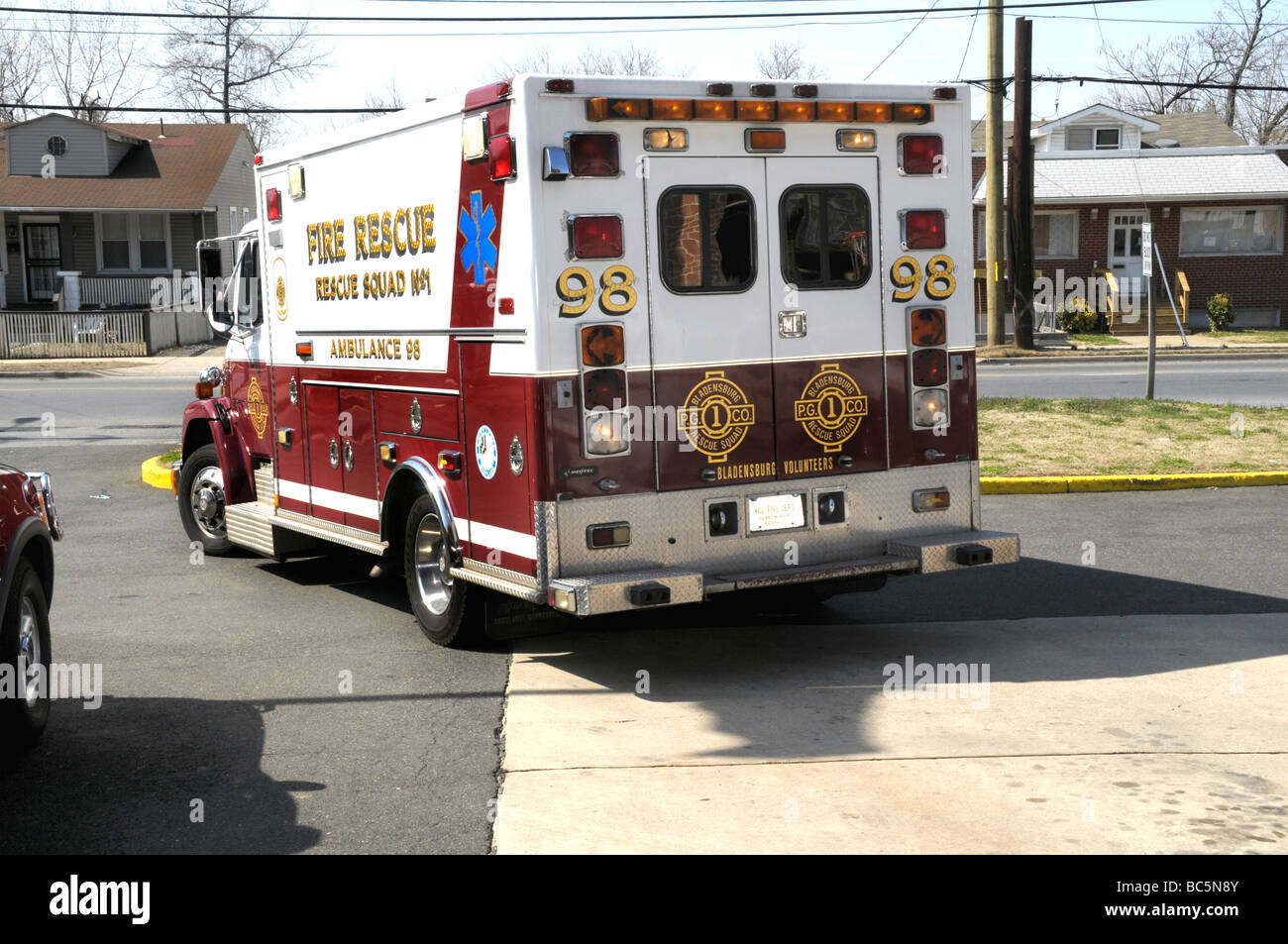 Ambulance responding to an emergency  911 call from their firehouse in Bladensburg, Maryland Stock Photo