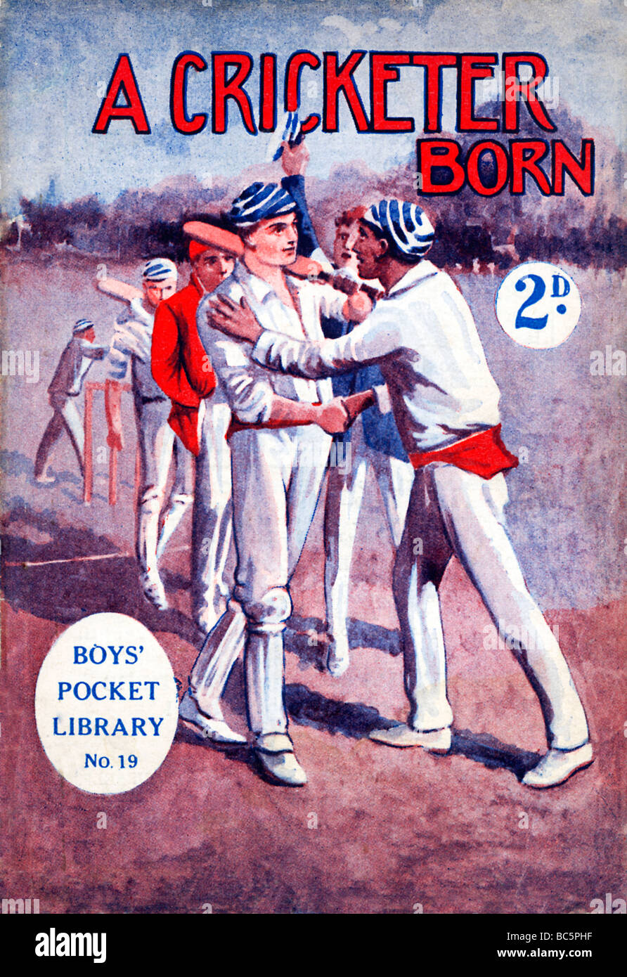 A Cricketer Born 1920s boys pulp fiction pocket book cover with a cricket action story of racial harmony Stock Photo