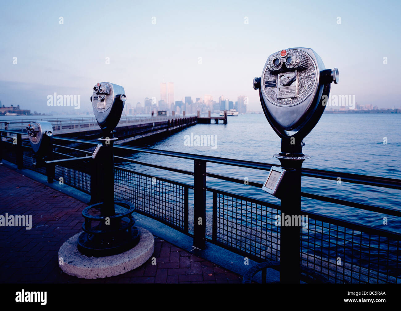 USA, New York City, Telescope overlooking river, closeup Stock Photo