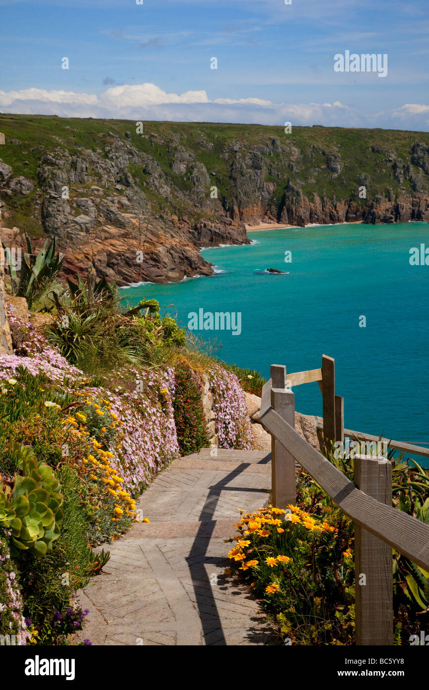 Steps & path to the beach at Porthcurno, Penzance, Cornwall, UK Stock Photo
