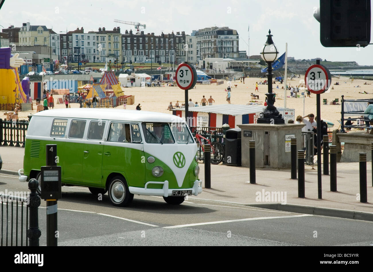 Volkswagen camper van on Margate sea-front. Stock Photo