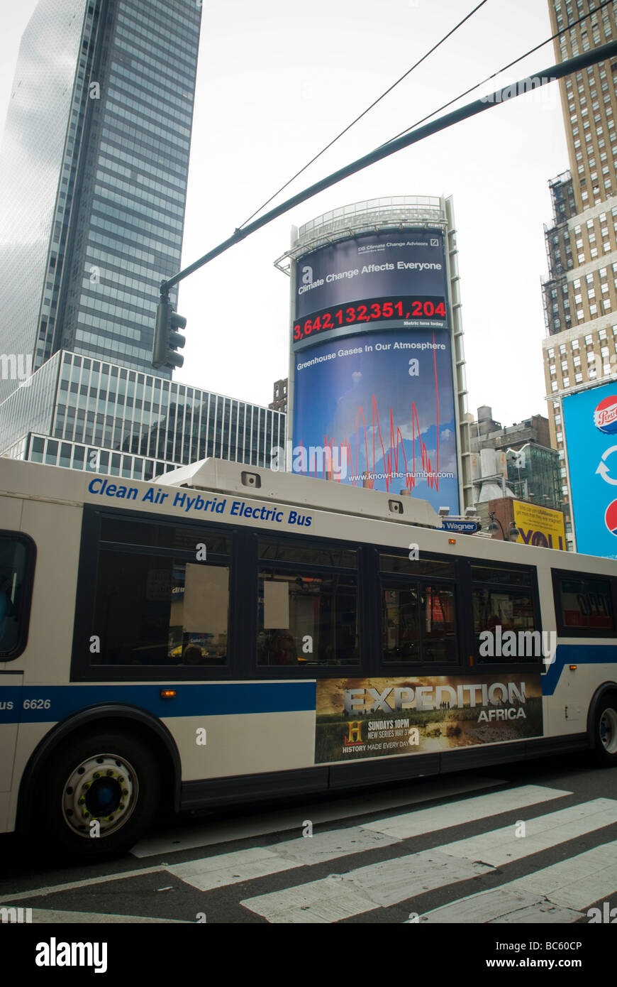 The Carbon Counter billboard in New York tracks the amount of greenhouse gases in the atmosphere Stock Photo