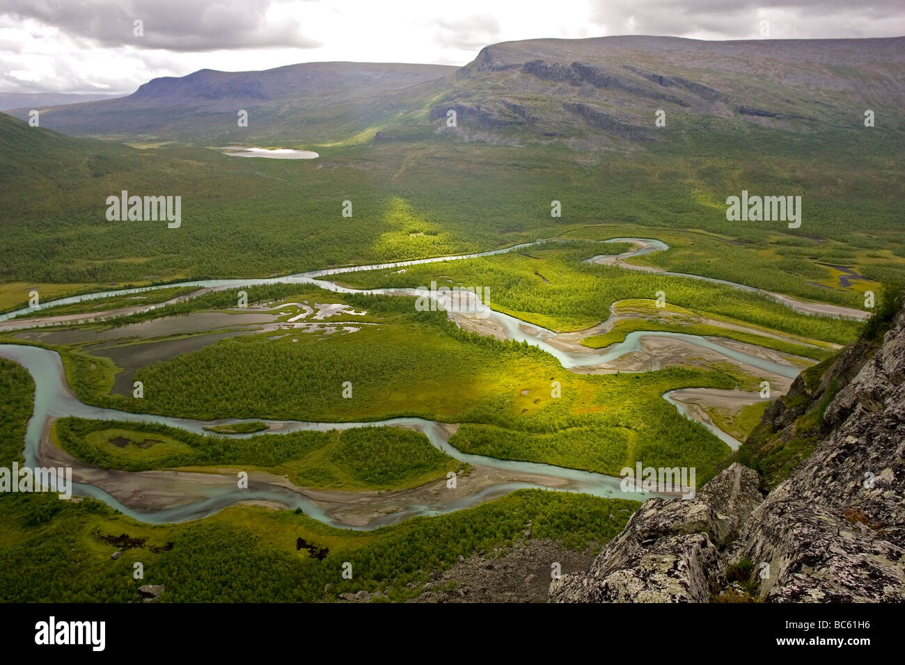 High angle view of river, Rapadalen, Sarek National Park, Jokkmokk Municipality, Lapland Province, Sweden Stock Photo