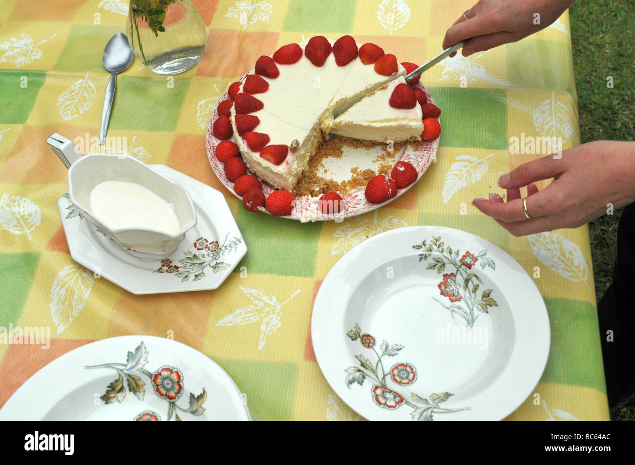 A woman serves out slices of strawberry cheesecake. Stock Photo