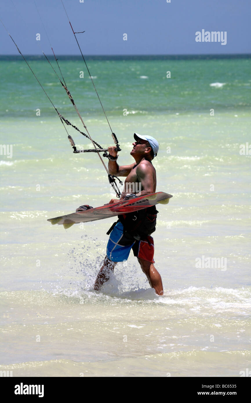 Kite surfing on Holbox island, Quintana Roo, Yucatán Peninsula, Mexico, a unique Mexican destination in the Yucatan Channel, Stock Photo
