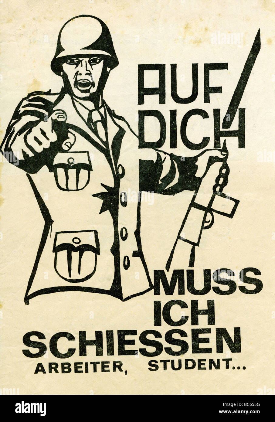 geography / travel, Germany, politics, student movement 1960s, flyer, agitation against mobilisation of German military in case of inner disturbances, Munich, May 1968, Stock Photo