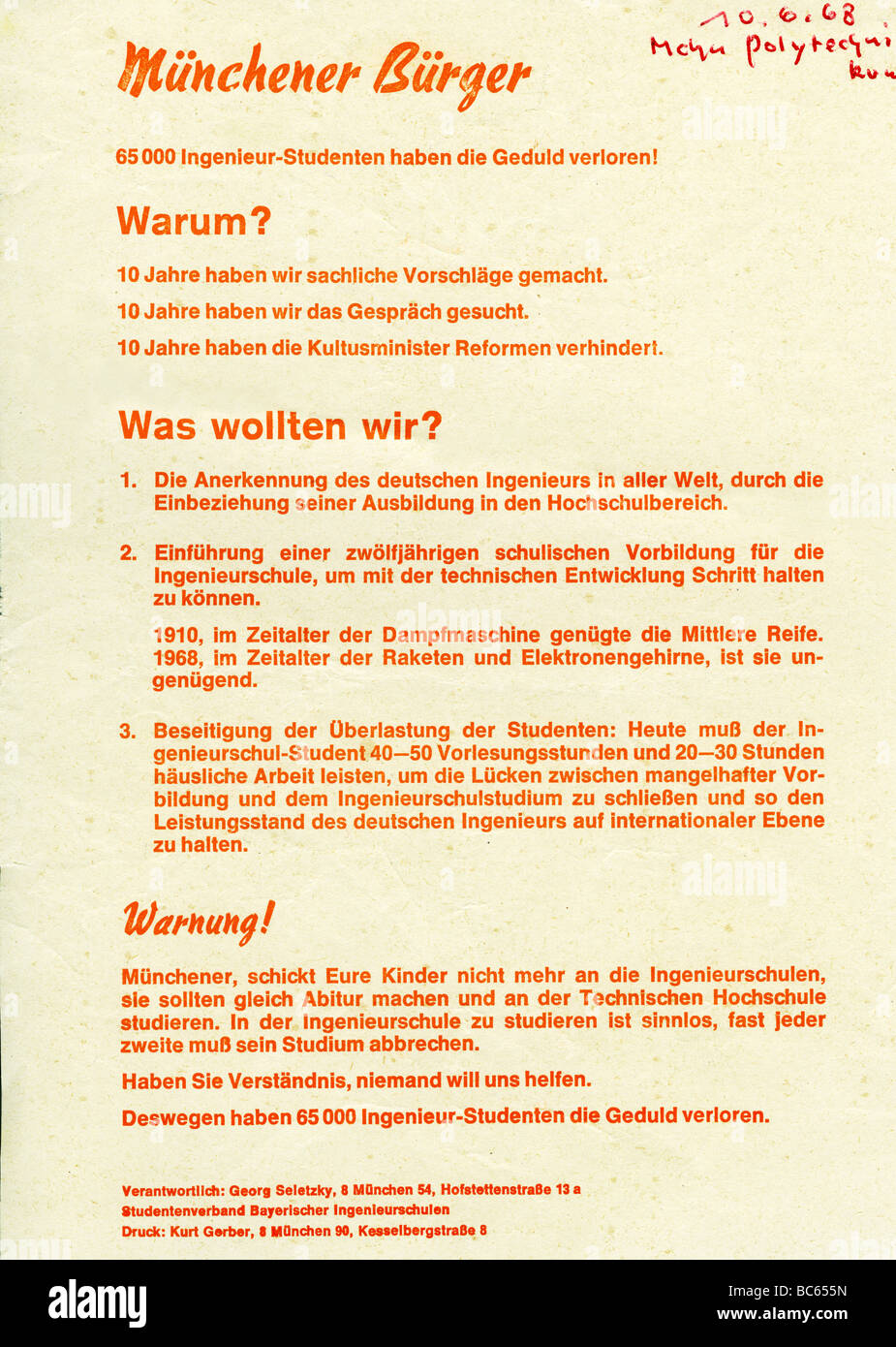 geography / travel, Germany, politics, student movement 1960s, flyer, call  for reform of engineering course of studies, published by federation of  students of Bavaria, Europen engineering schools, Munich, 10.6.1968 Stock  Photo - Alamy