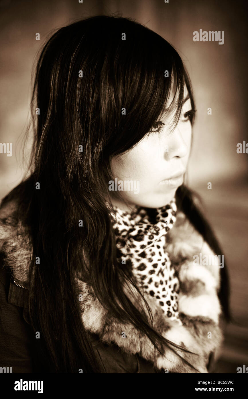 A black and white portrait of a young Chinese woman Stock Photo