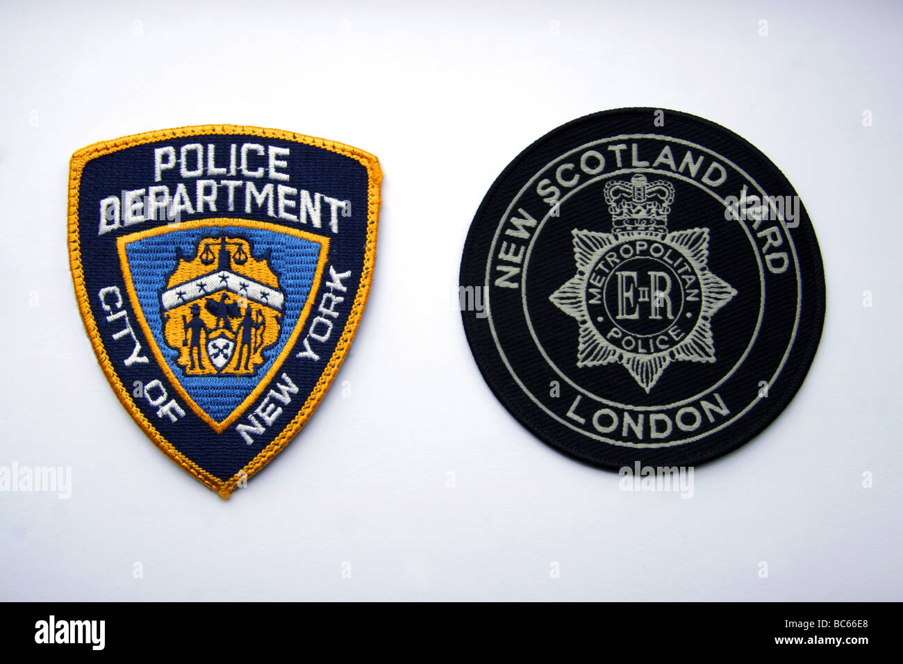 Patches of the New York Police Department NYPD and London Metropolitan police New Scotland Yard Stock Photo