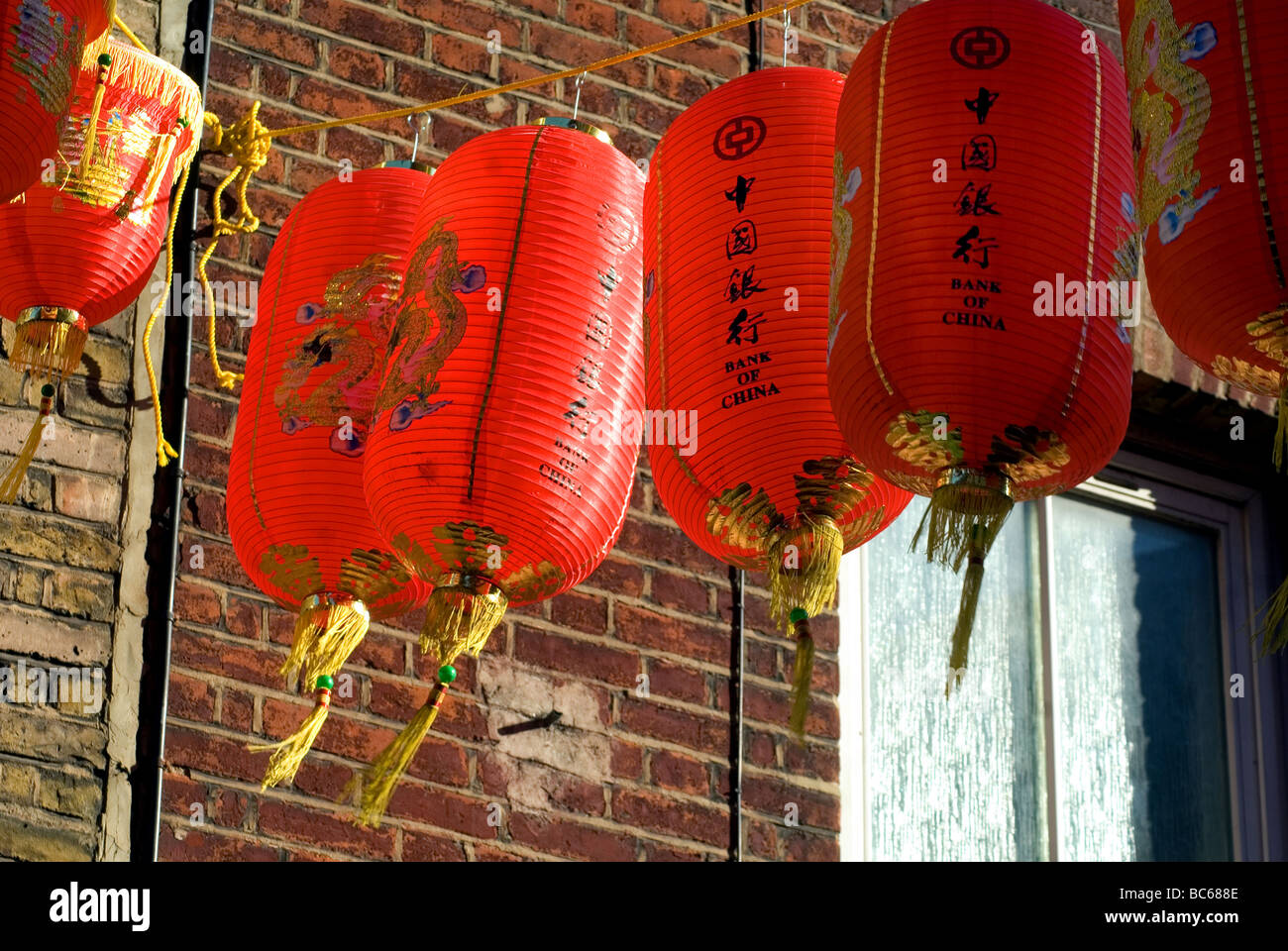 Big red lanterns with Chinese letters printed, It brings good luck and