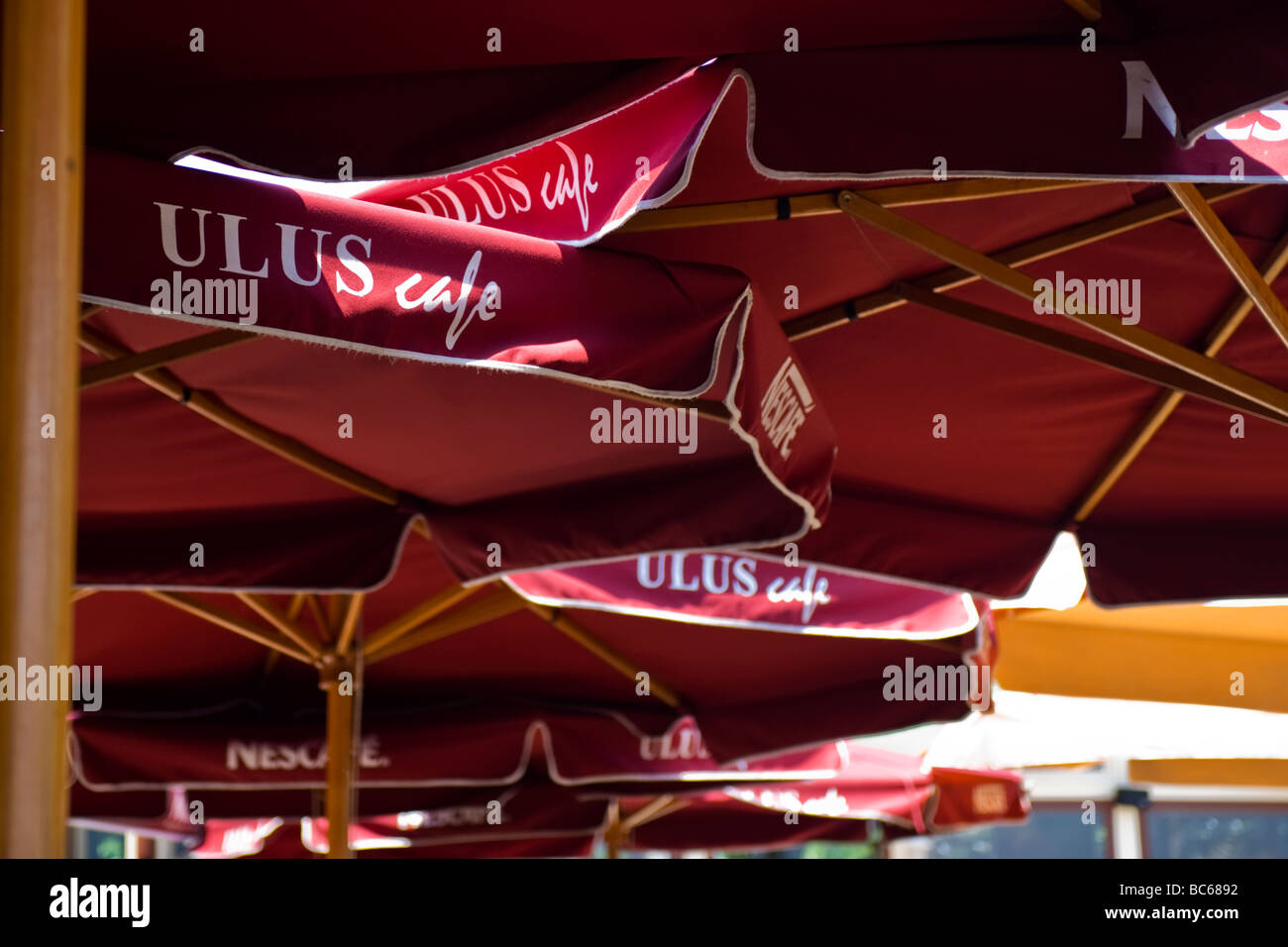 Turkey , Istanbul , parasols or sun umbrellas in the Ulus cafe restaurant on hills overlooking Bosphorous Golden Horn or Halic Stock Photo