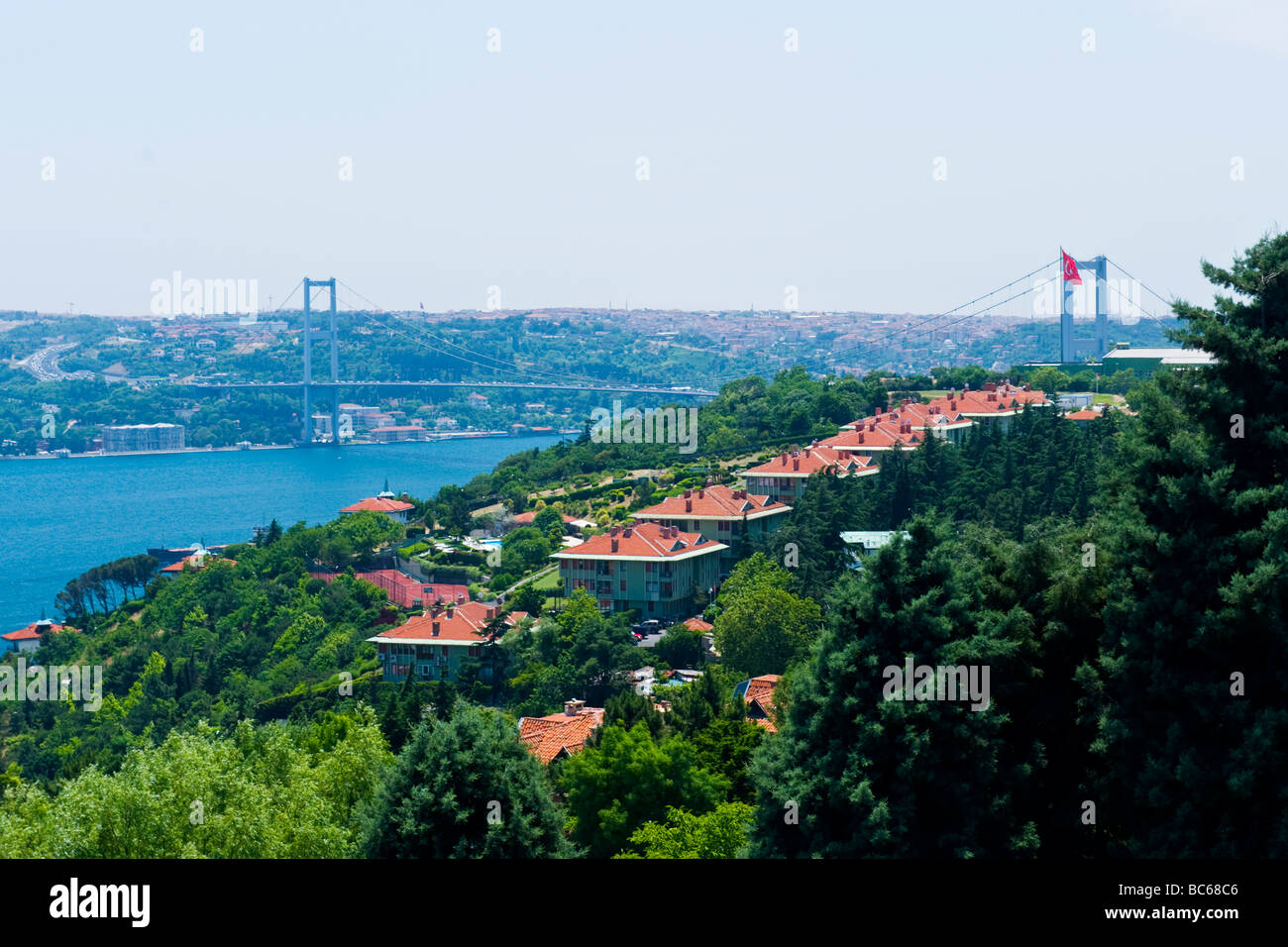 Turkey Istanbul view from the Ulus cafe restaurant on hills overlooking Bosphorous Golden Horn or Halic Corne d ' Or Stock Photo