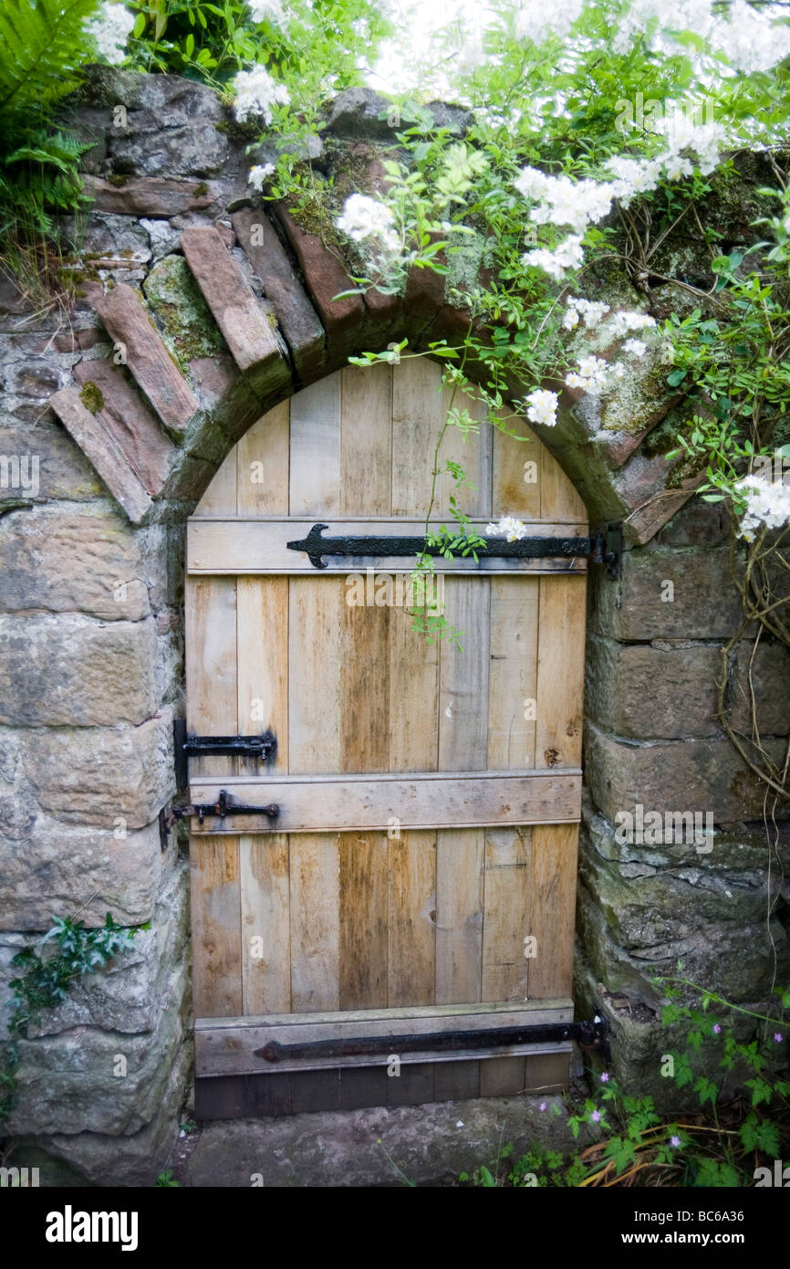 Traditional oak doorway in garden wall with stone surrounds and arch ,overhung with plants Stock Photo