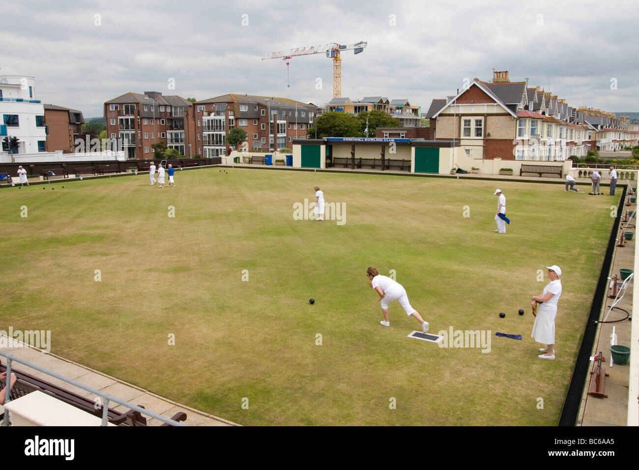 A bowling green on the coastline of Weymouth. Stock Photo