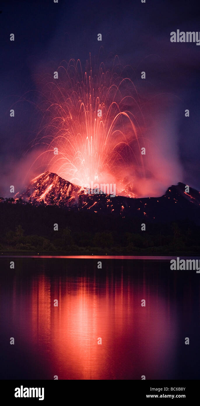 Volcanic eruption at night Stock Photo