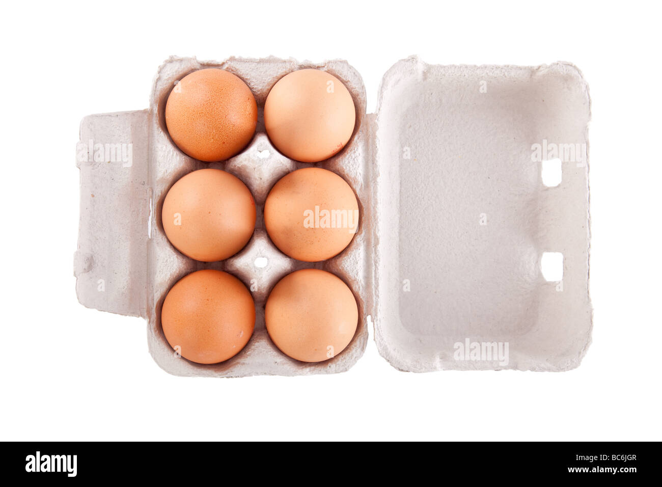 Half dozen  brown chicken eggs in box  isolated on white background Stock Photo