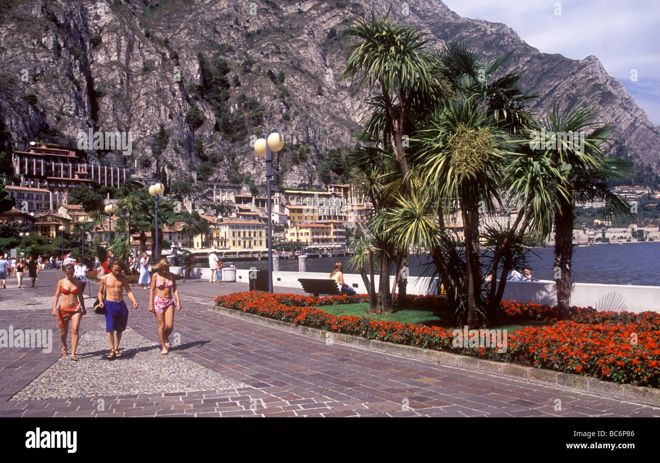 Waterfront promenade at the pretty lakeside resort of Limone on Lake ...