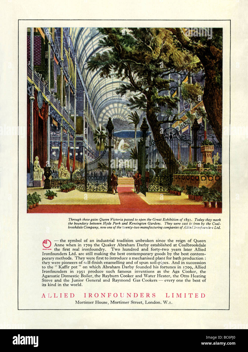 1951 colour advertisement for Allied Ironfounders featuring illustration of Paxton's Hyde Park Great Exhibition Hall of 1851 Stock Photo