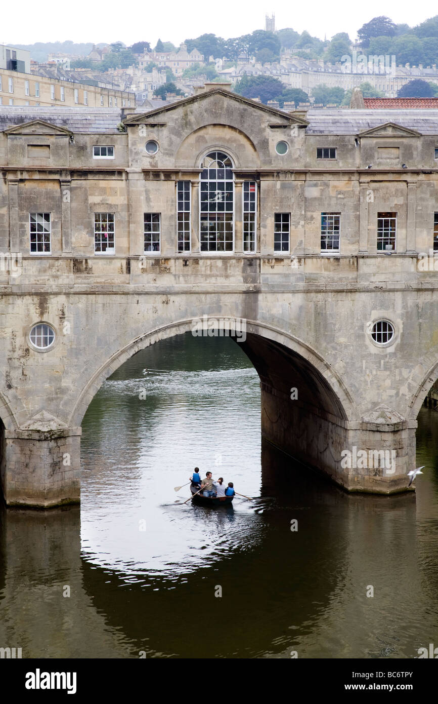 Pulteney Bridge, crossing the River Avon, Bath, is one of only four bridges in the world with shops across the full span Stock Photo