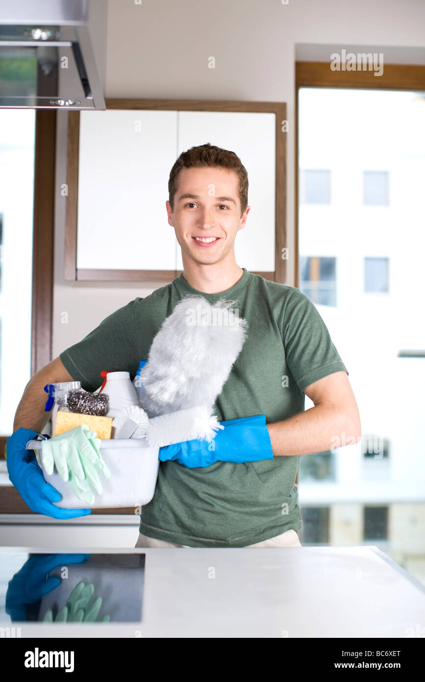 man with cleaning set Stock Photo