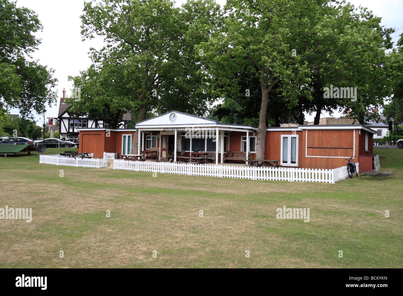 The Kew Green Cricket club house, just outside the Royal Botanic Gardens, Kew, Surrey, England. Stock Photo