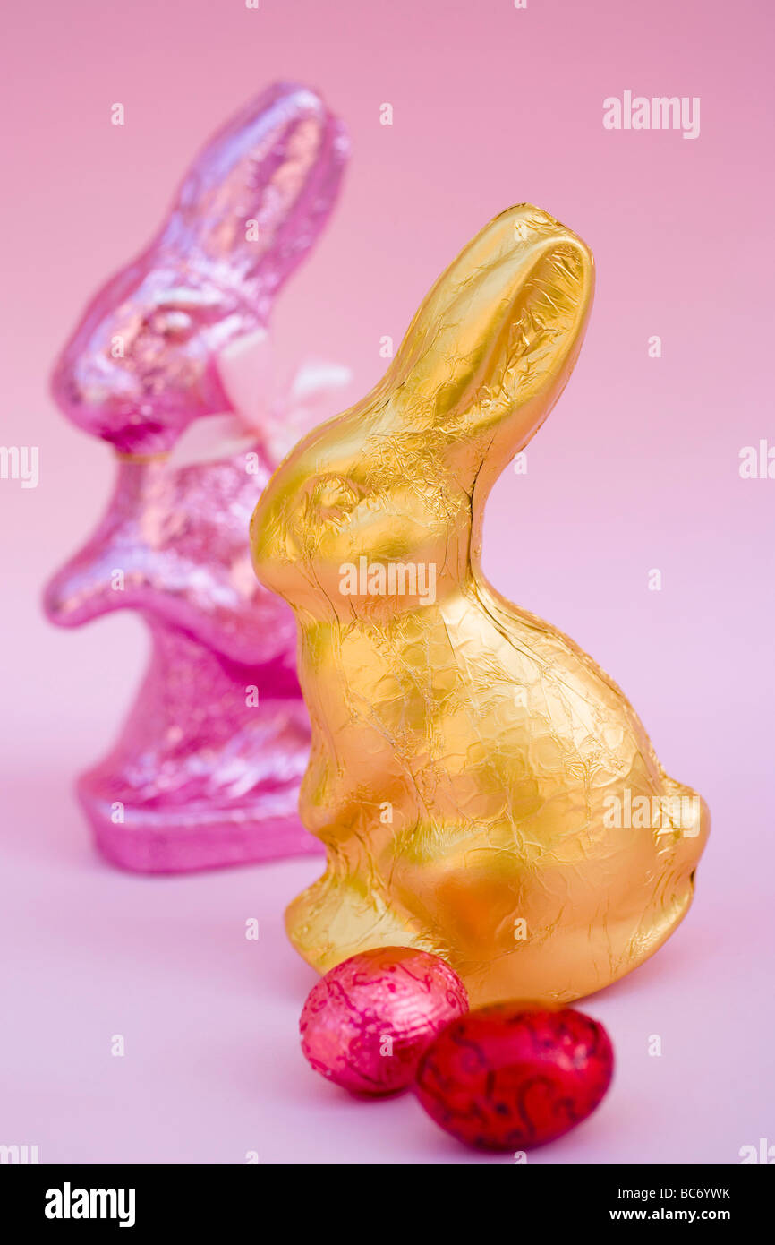 Two Easter Bunnies and two chocolate eggs - Stock Photo