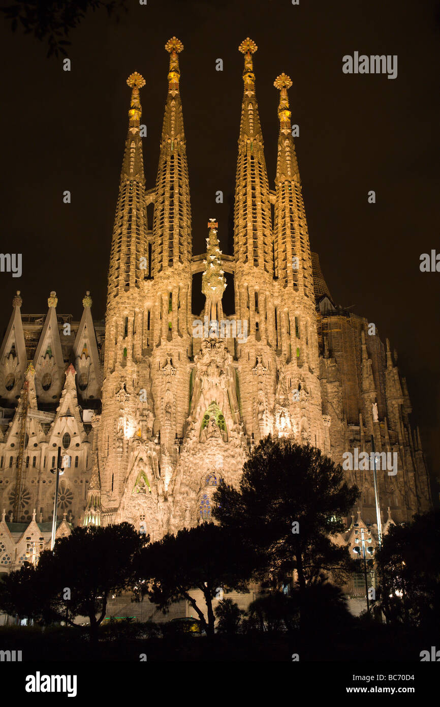 Barcelona - cathedral Sagrada la Familia in night - east facade Gaudi Stock Photo