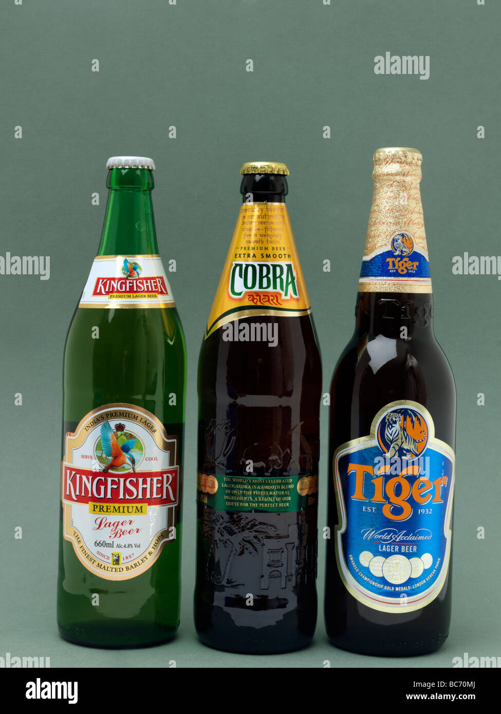 Indian Beer Kingfisher Cobra and Tiger Stock Photo