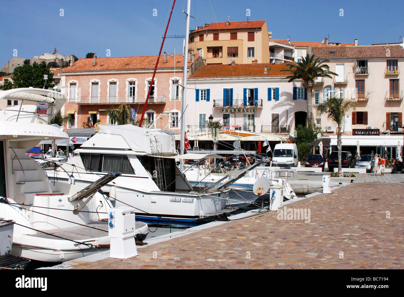 Atmospheric and colorful Calvi is the much visited holiday resort and port on the Mediterranean island of Corsica Stock Photo