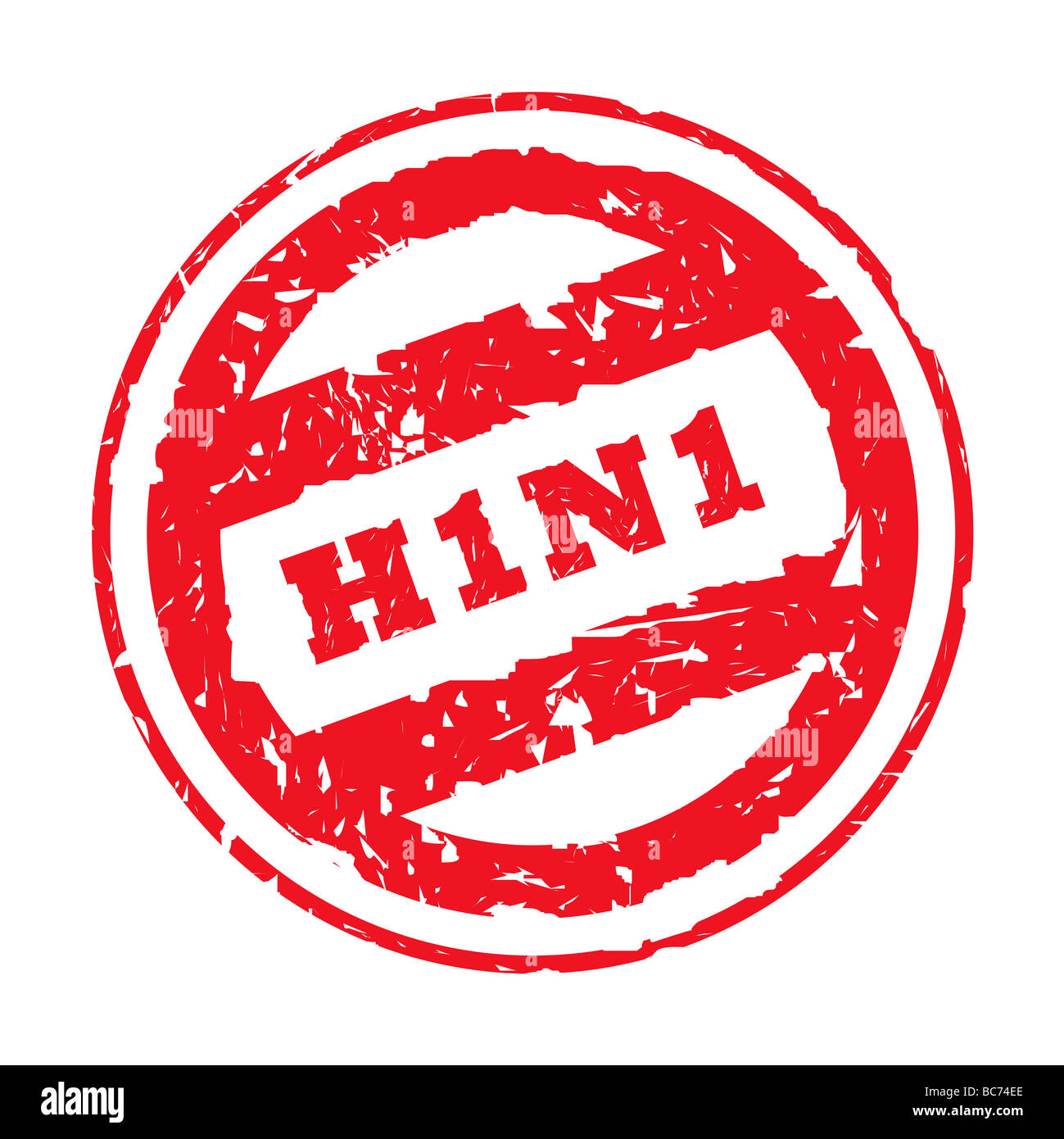 Used red swine flu stamp with H1N1 virus isolated on white background Stock Photo