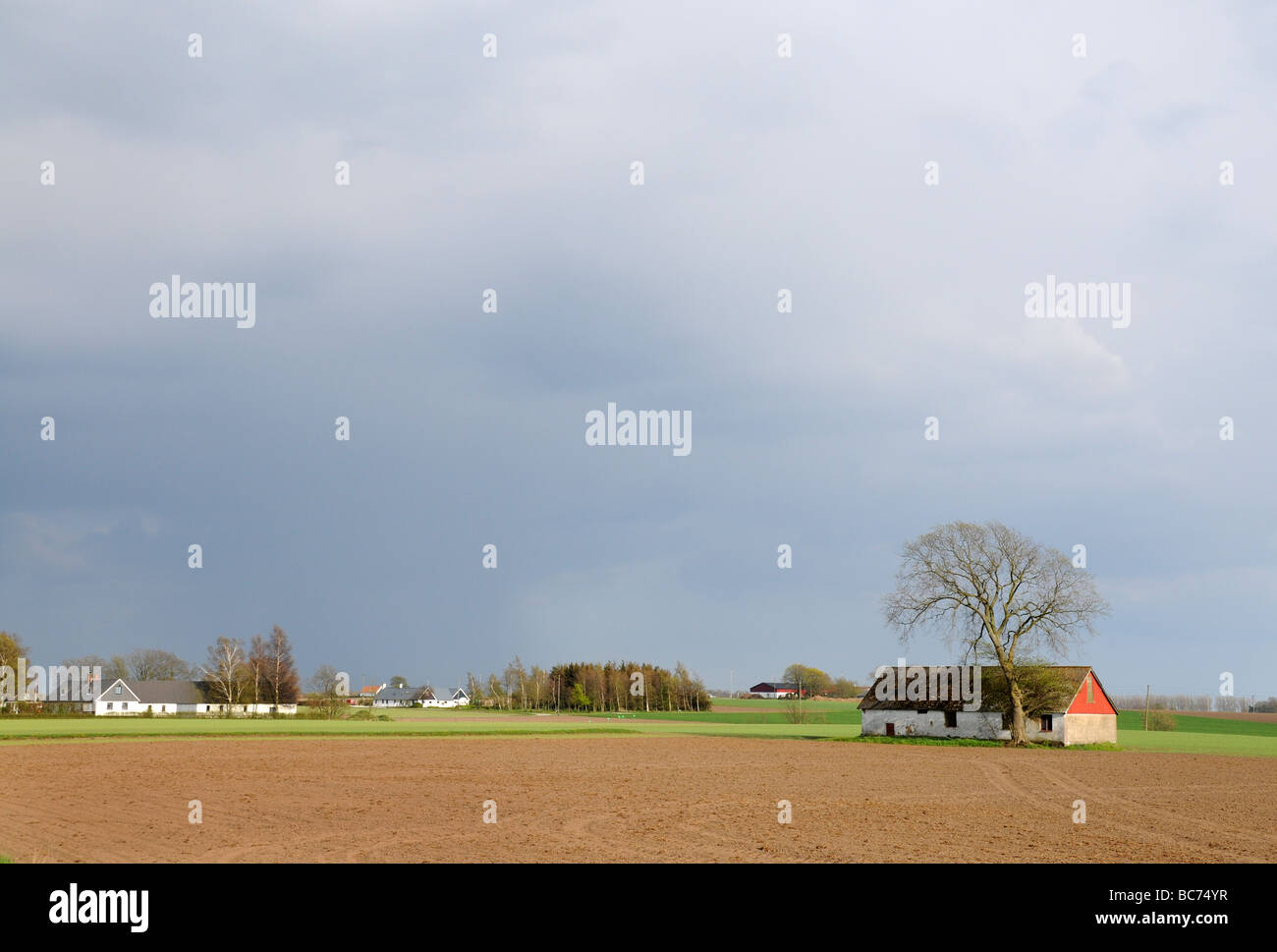Old farmhouse on an empty field with heavy clouds Stock Photo