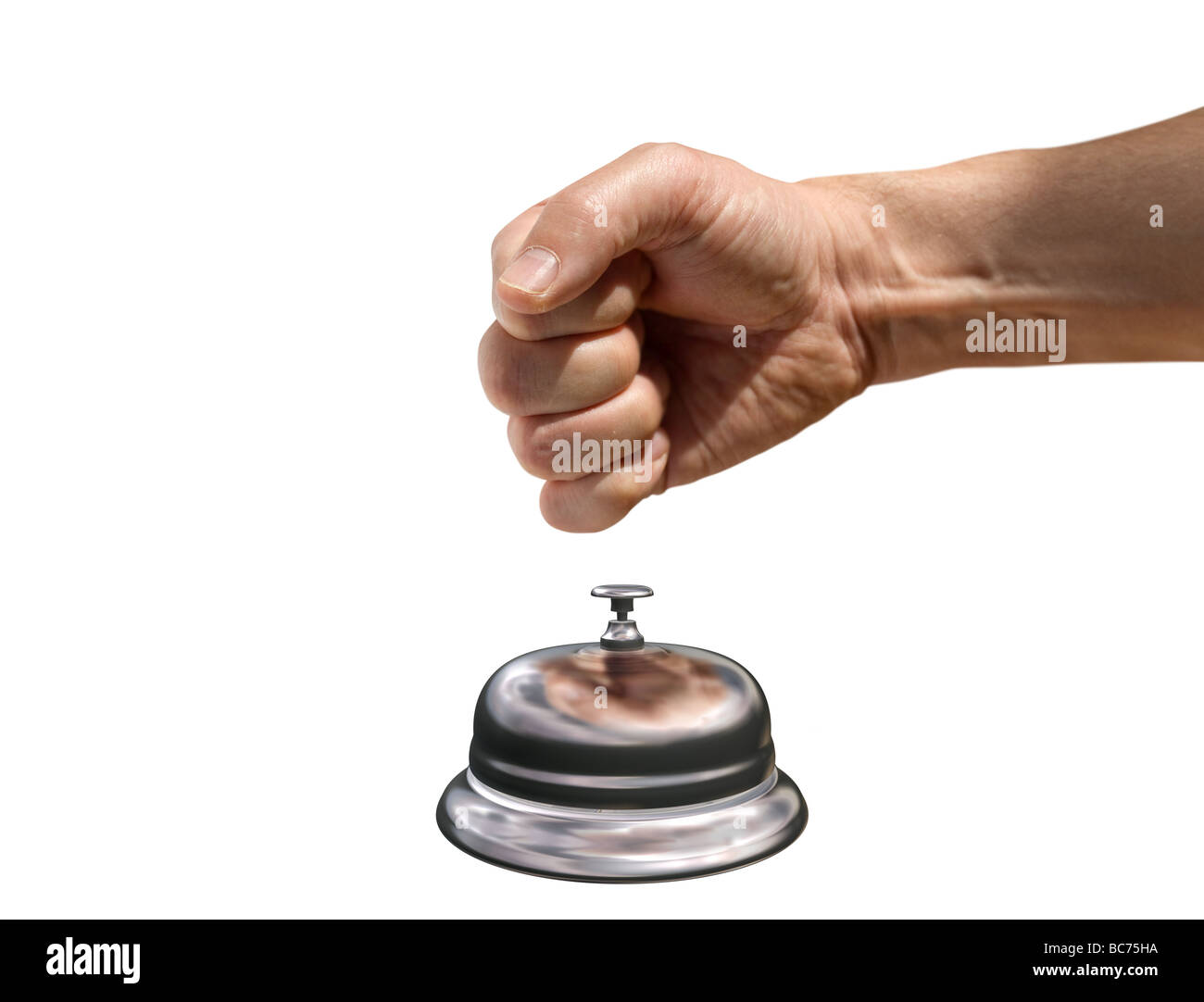 Isolated illustration of a fist banging a reception bell for attention Stock Photo
