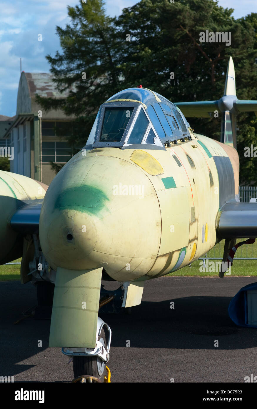 Front view and nose of Gloster Meteor T7 in restoration process Stock Photo