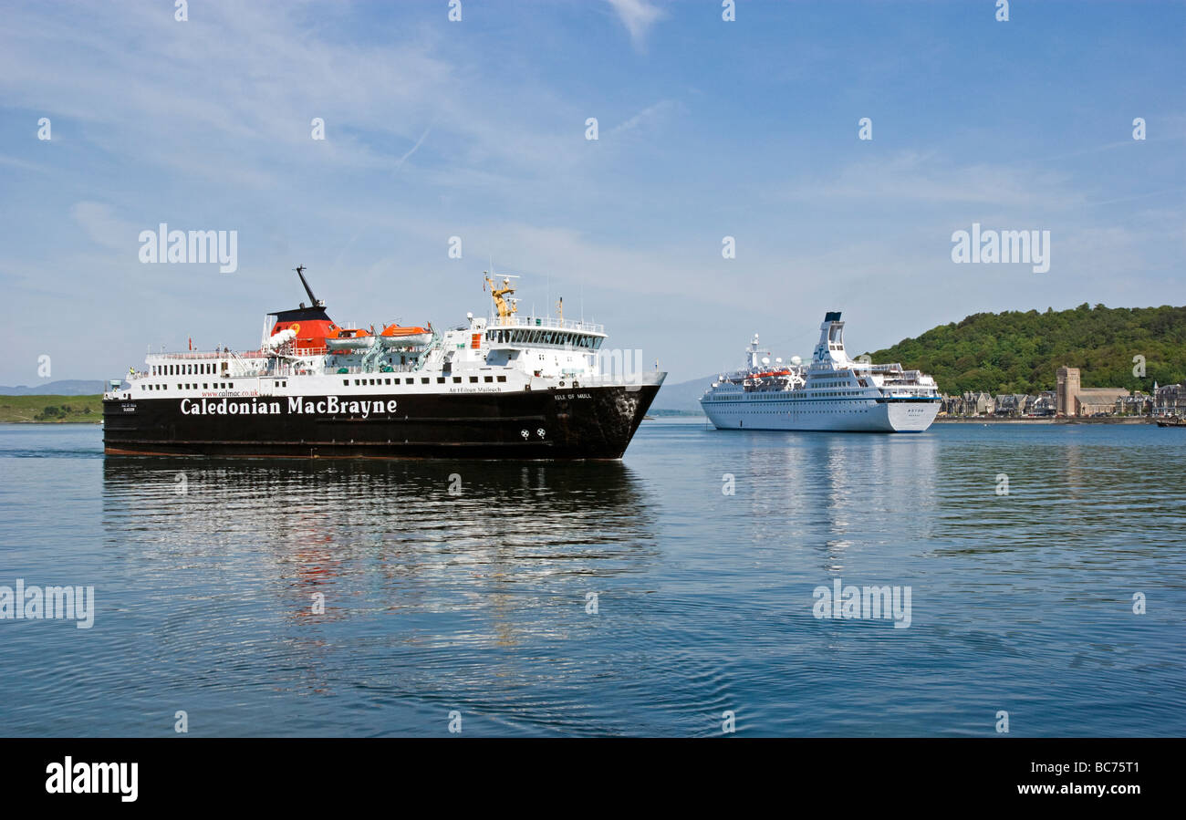 Calmac car ferry Isle of Mull arrives in Oban harbour from Craignure on Mull with passenger