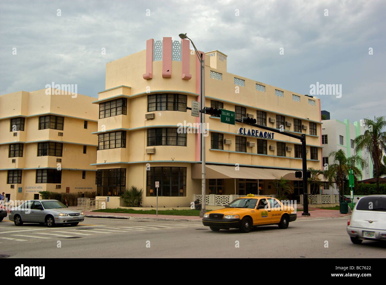 Pastel colored art deco buildings on Collins Avenue at Miami Southbeach Stock Photo