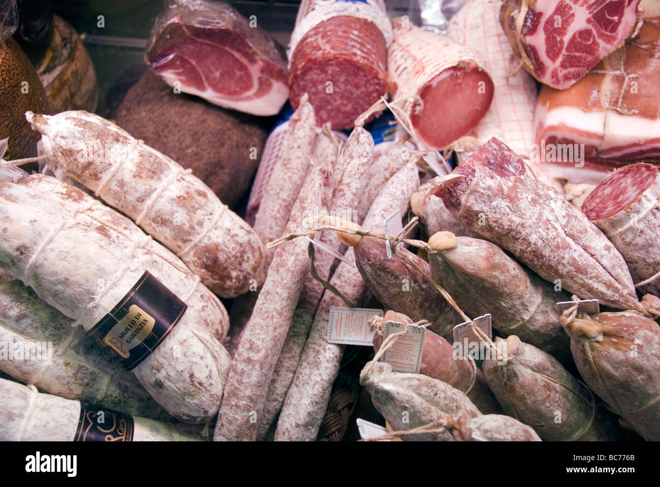 selection of processed meats typical of the Apuane Alps, Carrara and the Lunigiana Stock Photo