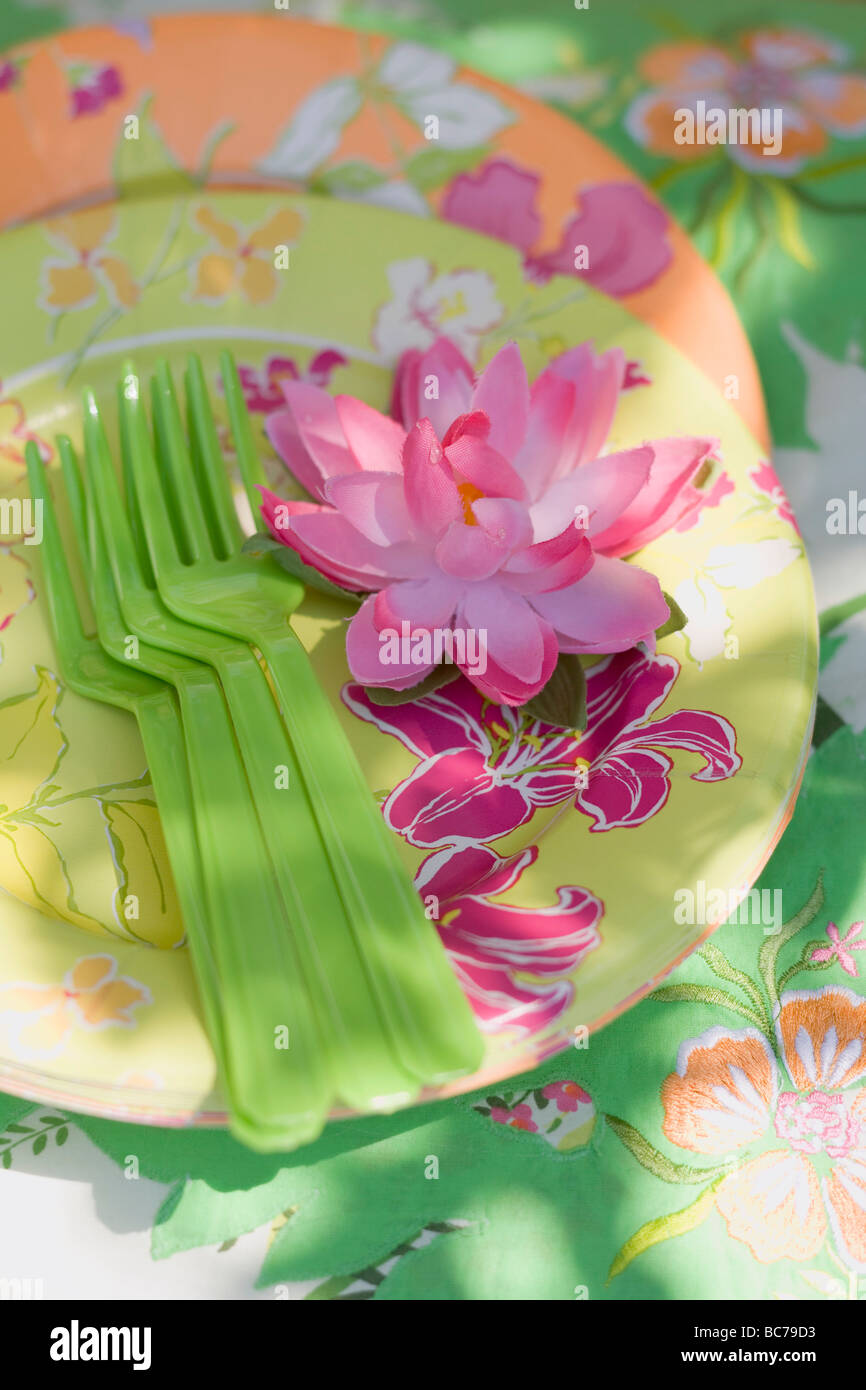 Summer party decorations: water lily, paper plates, plastic forks - Stock Photo