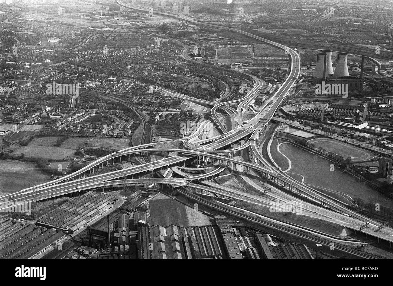 Spaghetti Junction of the M6 in Birmingham under construction in 1972 Looking southwards. M6 motorway motorways intersection aerial view elevated sect Stock Photo